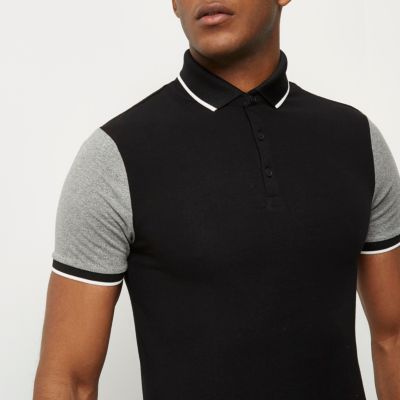 Black and grey muscle fit polo shirt